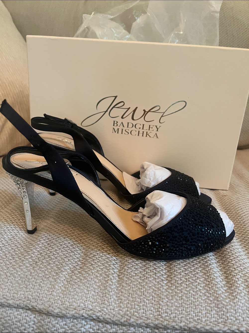 Jewel Badgley Mischka Black Crystal Slingback Heels